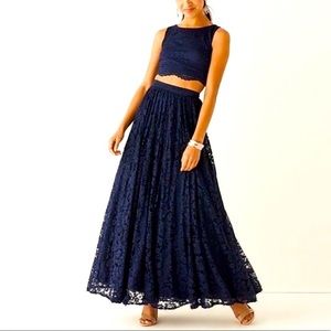 City Triangles Formal Lace Gown 2 piece Navy Cropped Top Tulle Skirt NWT